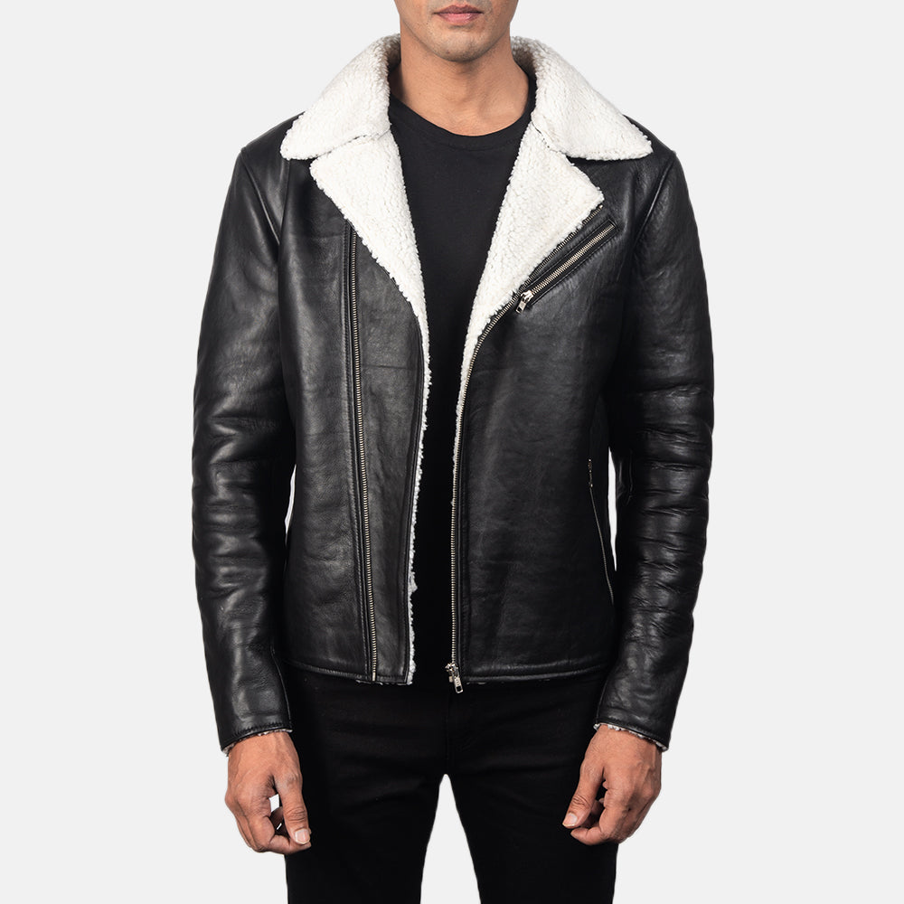 White Shearling Black Leather Jacket For Men's