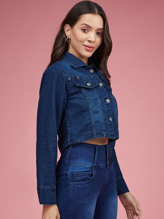 Women Spread Collar Crop Denim Jacket with Patchwork – Trendy Stylish Outerwear in Pakistan | HB INDUSTRIES