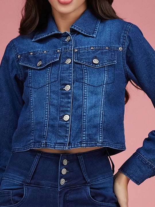 Women Spread Collar Crop Denim Jacket with Patchwork – Trendy Stylish Outerwear in Pakistan | HB INDUSTRIES