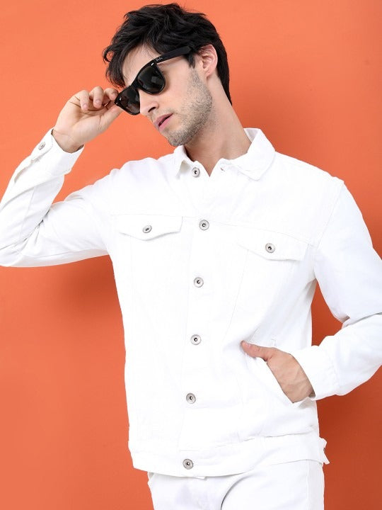 Men White Solid Denim Jacket by HB INDUSTRIES – Timeless Urban Style for Pakistani Weather
