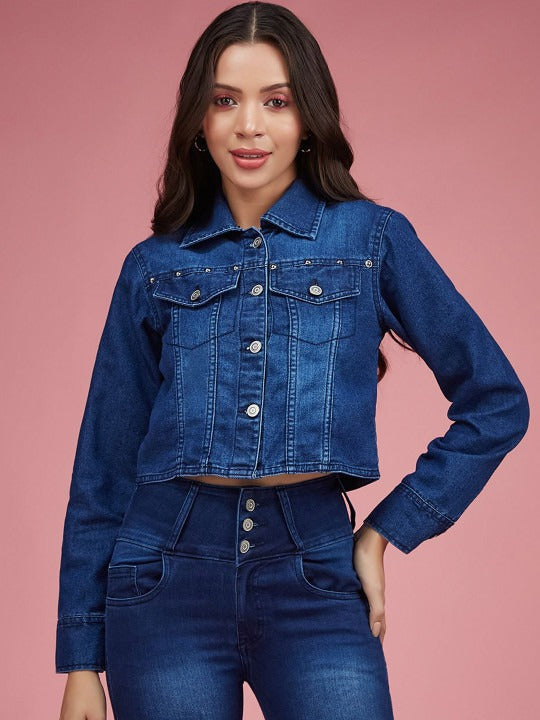 Women Spread Collar Crop Denim Jacket with Patchwork – Trendy Stylish Outerwear in Pakistan | HB INDUSTRIES