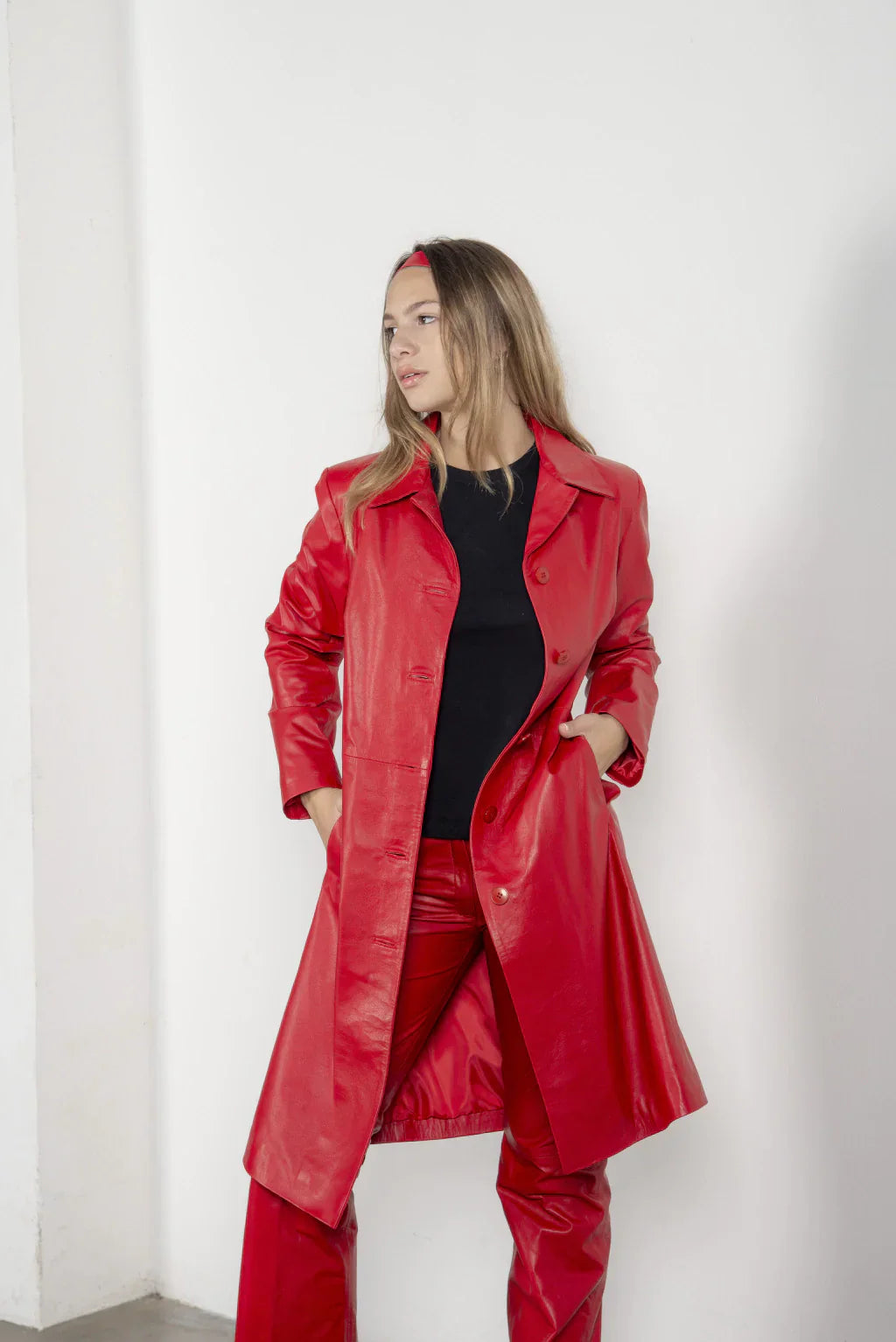 HB INDUSTRIES Blood Red Leather Coat For Women's