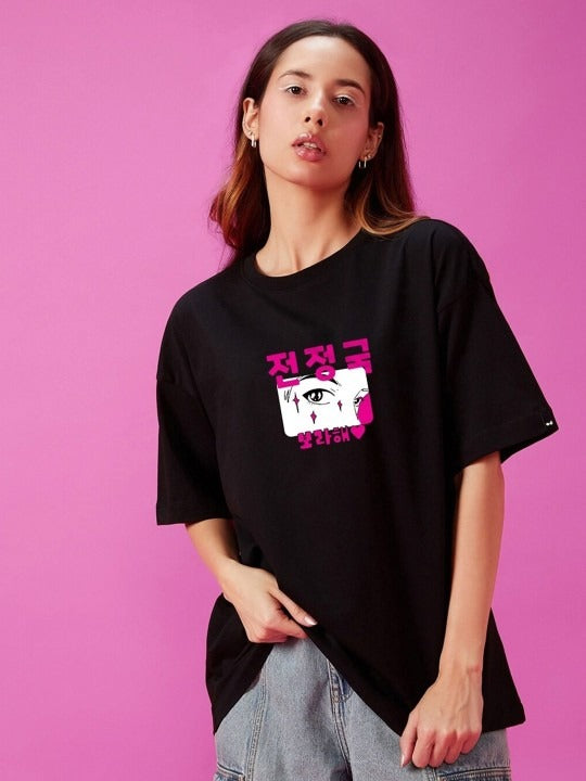 Women Black BTS Oversized Graphic Cotton T-Shirt