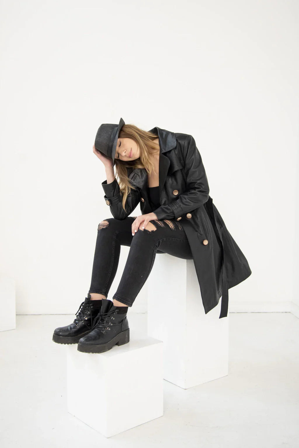 Black Trench Leather Coat For Women
