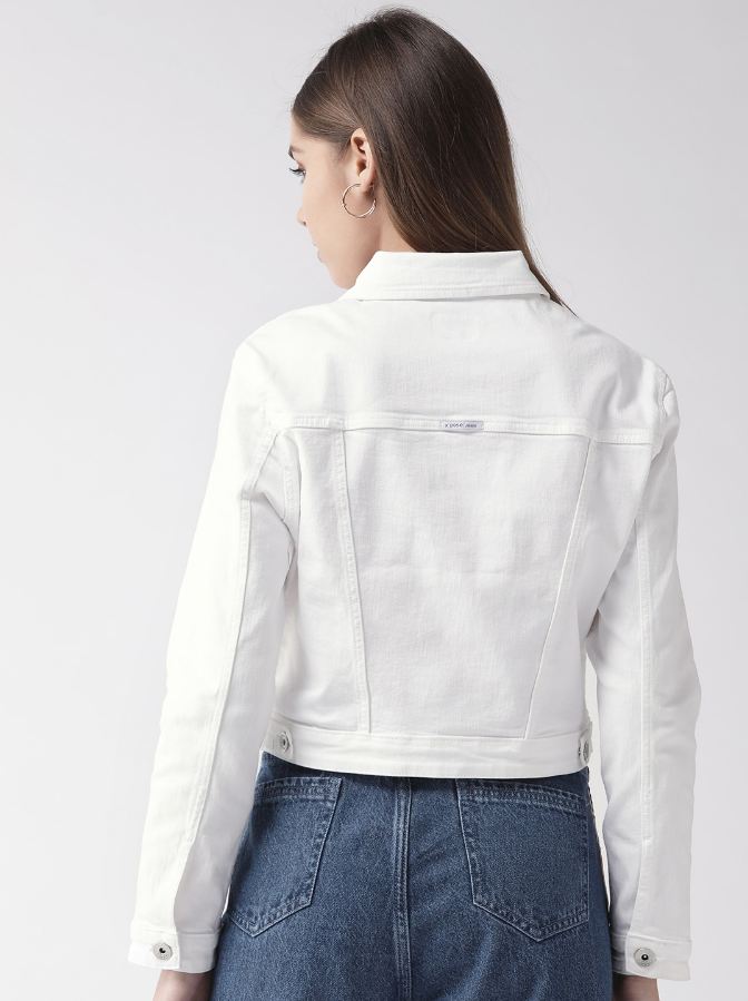 Women White Solid Denim Jacket