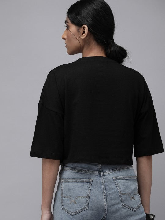 DOCACCA Women Black Red Printed Cotton Crop T-Shirt