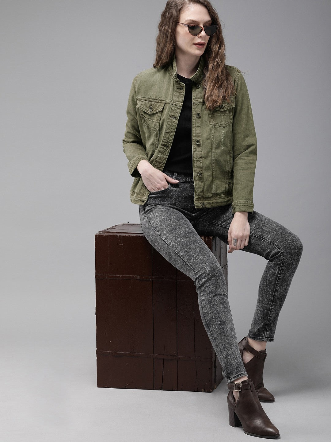 The Lifestyle Co Women Olive Green Solid Denim Jacket