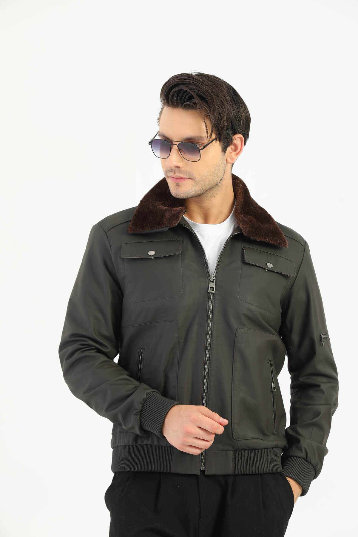 HB INDUSTRIES Inverness Gray Leather Jacket Furry collar