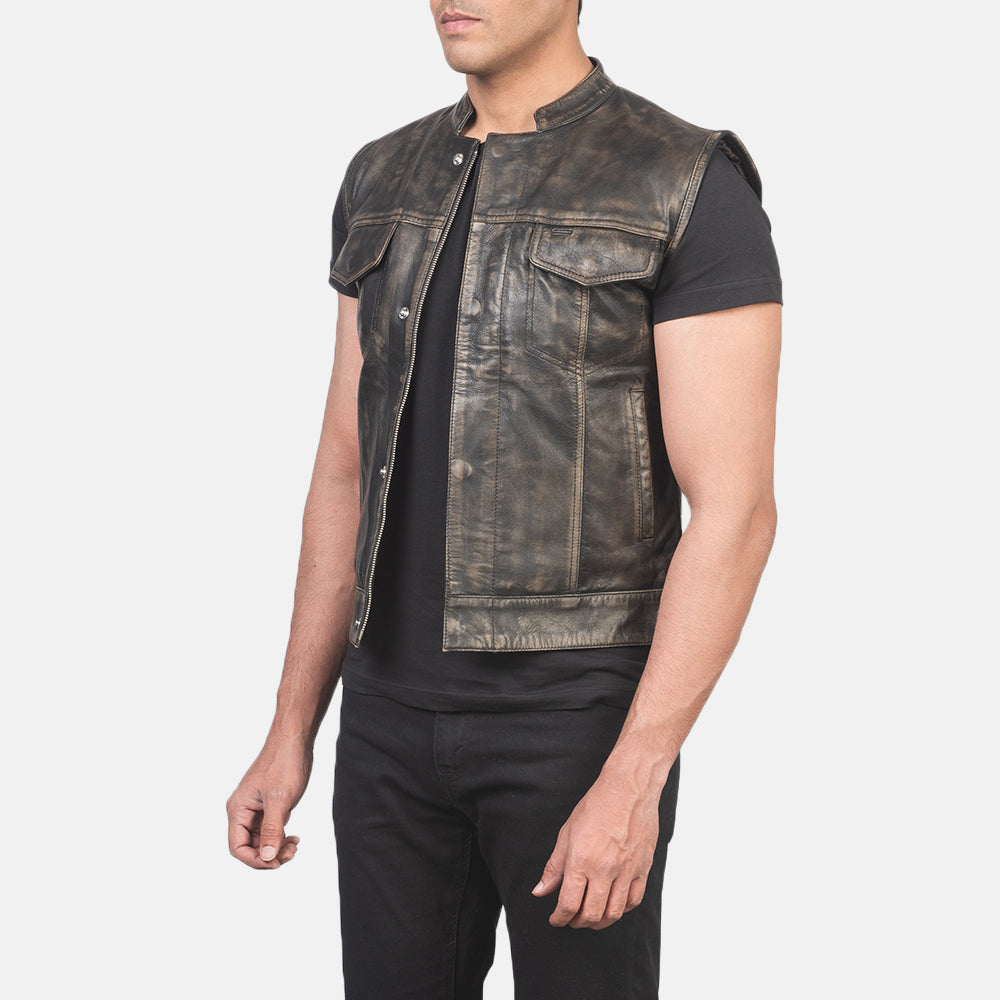HB INDUSTRIES Moto Distressed Brown Leather Vest