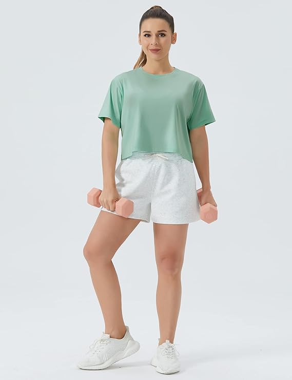 Women's Workout Gym Crop Top T-Shirt Yoga Running Cropped Basic Tee Light Green