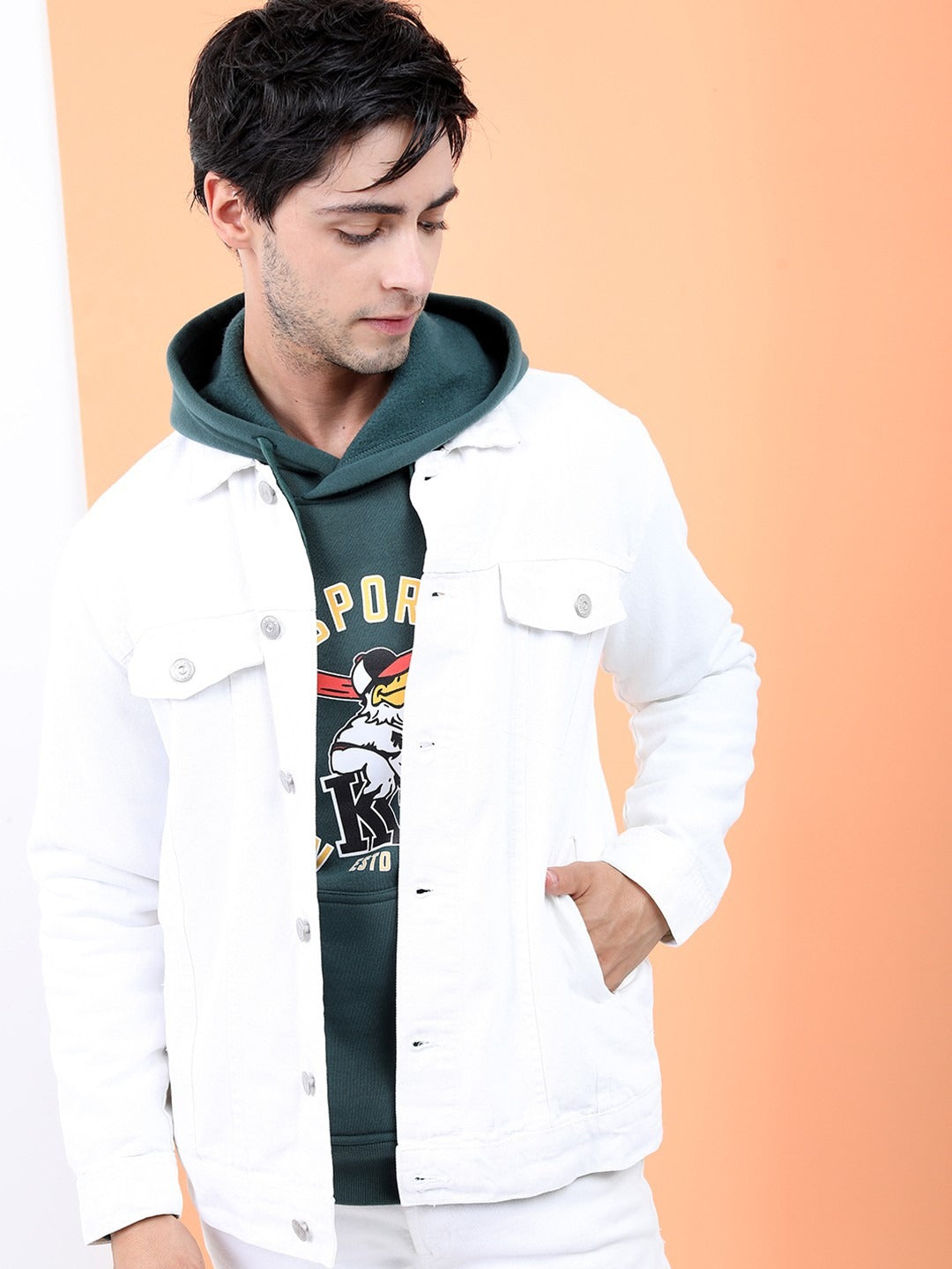 Men White Solid Denim Jacket – Breathable Summer Outerwear for Pakistani Style | HB INDUSTRIES