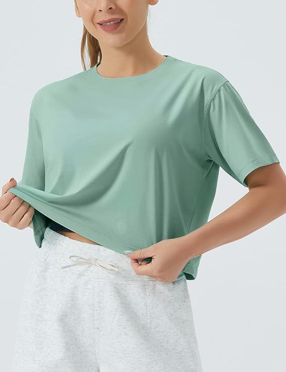 Women's Workout Gym Crop Top T-Shirt Yoga Running Cropped Basic Tee Light Green