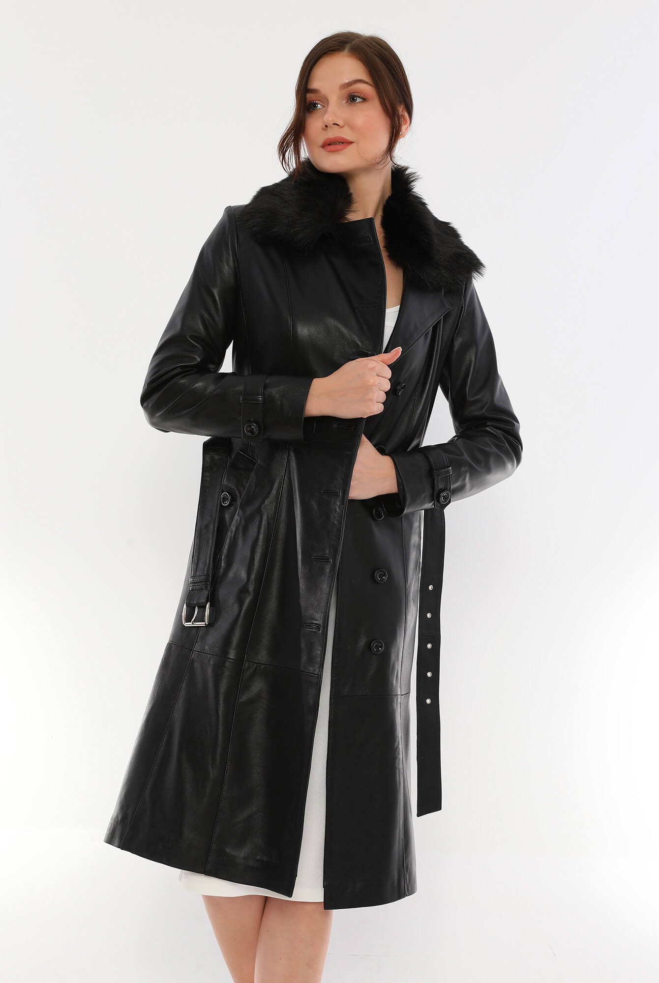 Brenda Black Leather Trench Coat Fur Collar