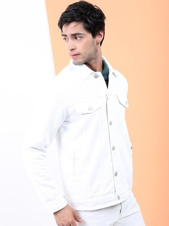 Men White Solid Denim Jacket – Breathable Summer Outerwear for Pakistani Style | HB INDUSTRIES