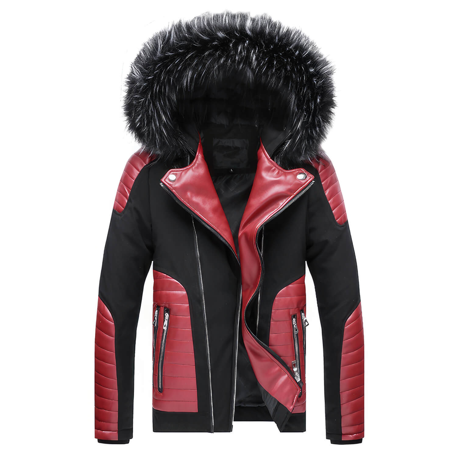 Men's Black Biker Genuine Sheepskin Detachable Hood Faux Fur Red Quilted Design Motorcycle Rider Parka Warm Leather Jacket  - Back View - Docacca