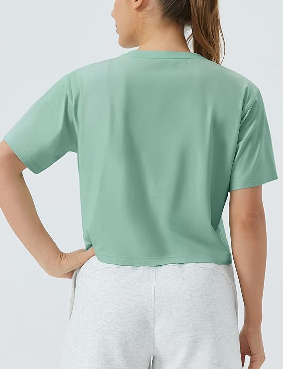 Women's Workout Gym Crop Top T-Shirt Yoga Running Cropped Basic Tee Light Green