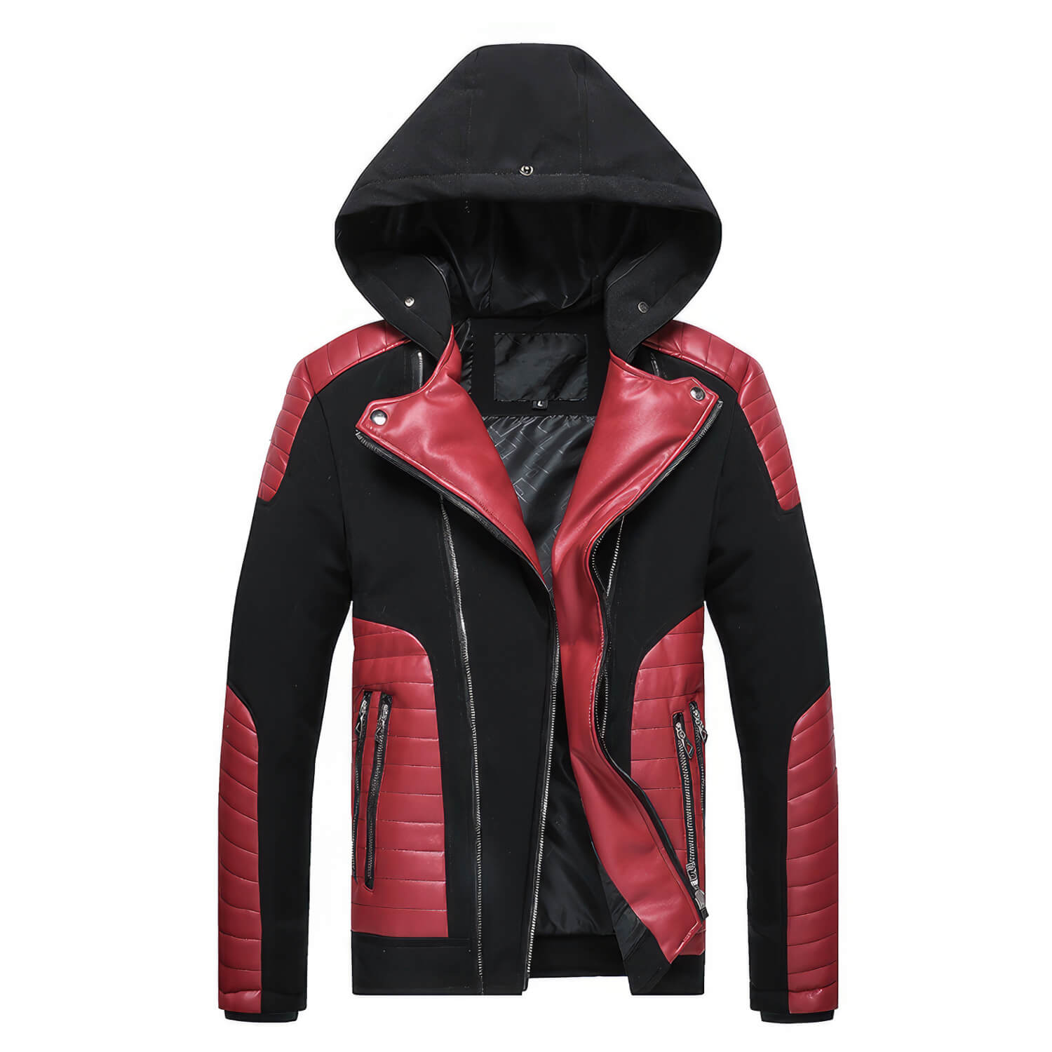 Men's Black Biker Genuine Sheepskin Detachable Hood Faux Fur Red Quilted Design Motorcycle Rider Parka Warm Leather Jacket - Front View - Docacca