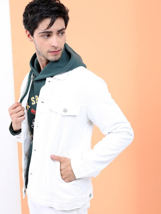 Men White Solid Denim Jacket – Breathable Summer Outerwear for Pakistani Style | HB INDUSTRIES