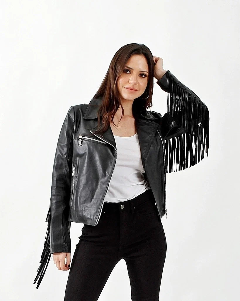 Black Fringe Women Biker Leather Jacket