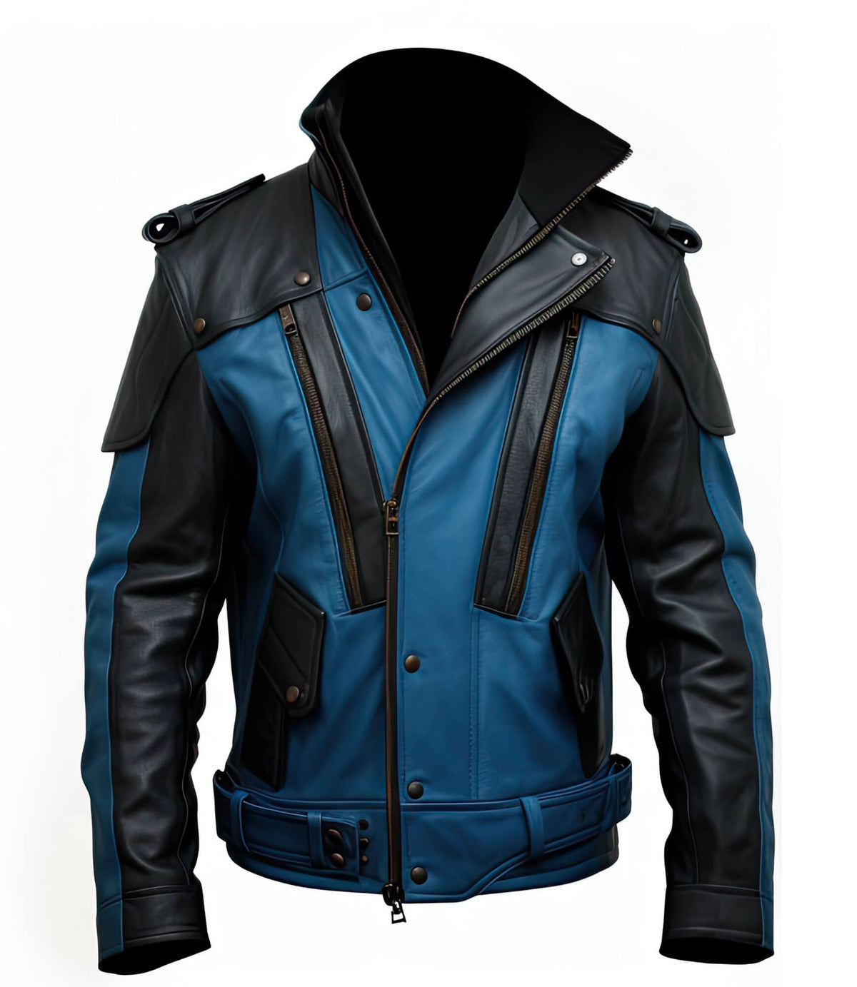 Men's Blue Black Genuine Sheepskin Shirt Collar Asymmetric Belted Elegant Fashionable Military Style Leather Jacket - Front View - Docacca