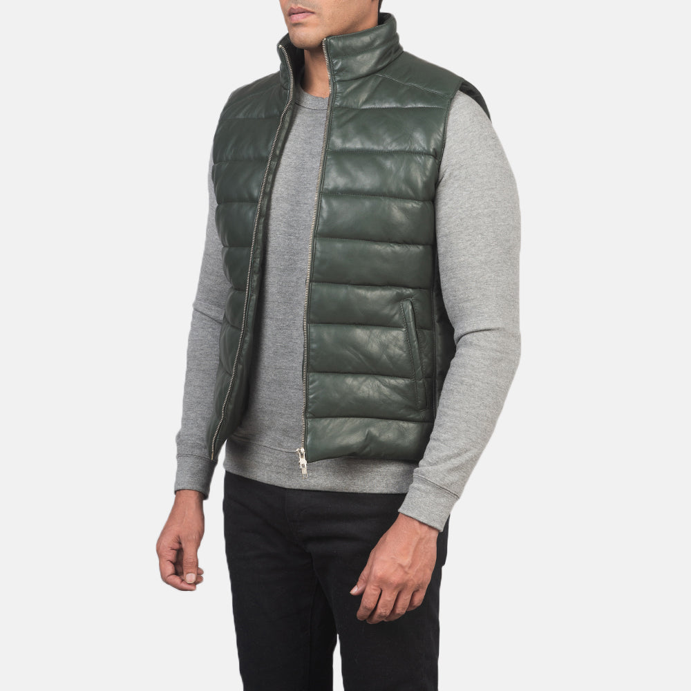 HB INDUSTRIES Green Genuine Leather Puffer Vest