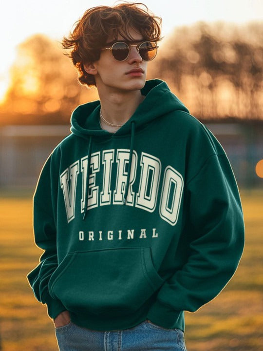 Men Green Typographic Print Oversized Cotton Fleece Hoodie Pullover – Stylish Winter Sweatshirt in Pakistan