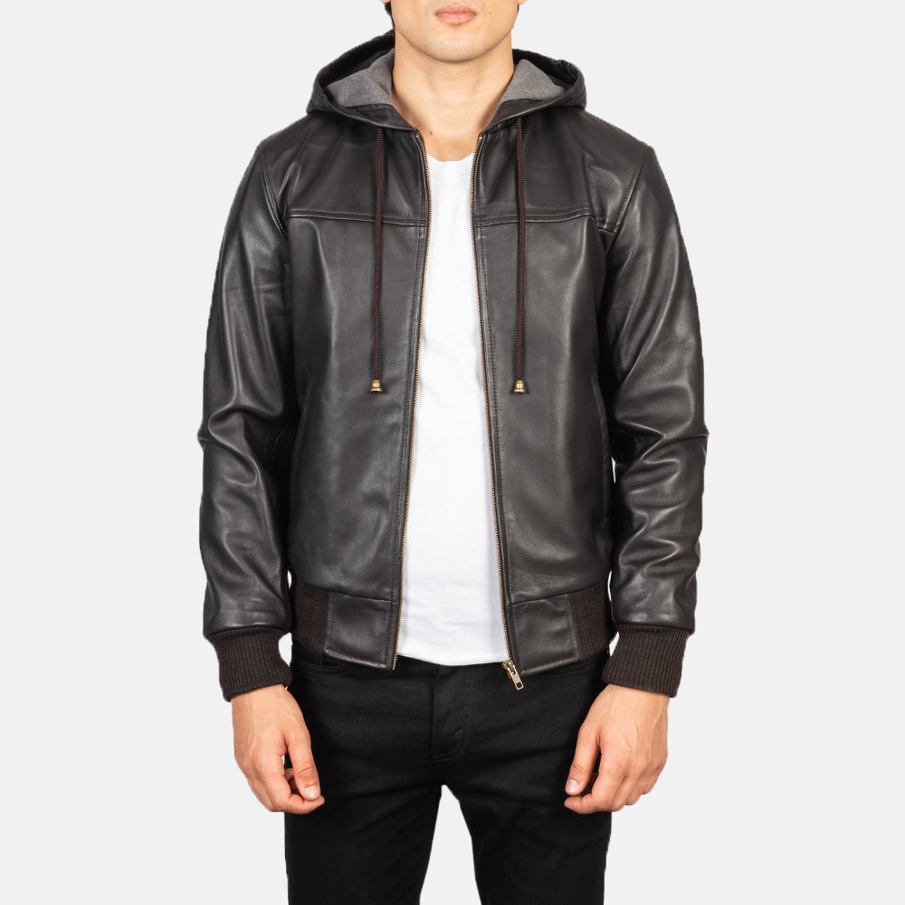 Dark Brown Hooded Leather Bomber Jacket