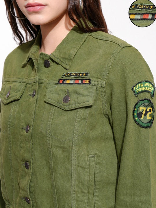 Women Olive Green Solid Denim Jacket – Trendy, Versatile Everyday Outerwear in Pakistan | HB INDUSTRIES