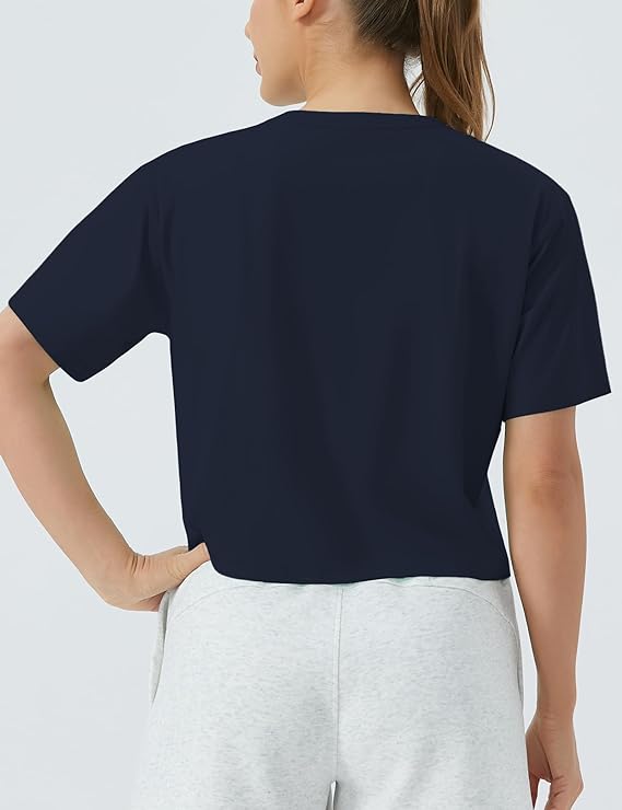 Women's Workout Gym Crop Top T-Shirt Yoga Running Cropped Basic Tee Navy Blue