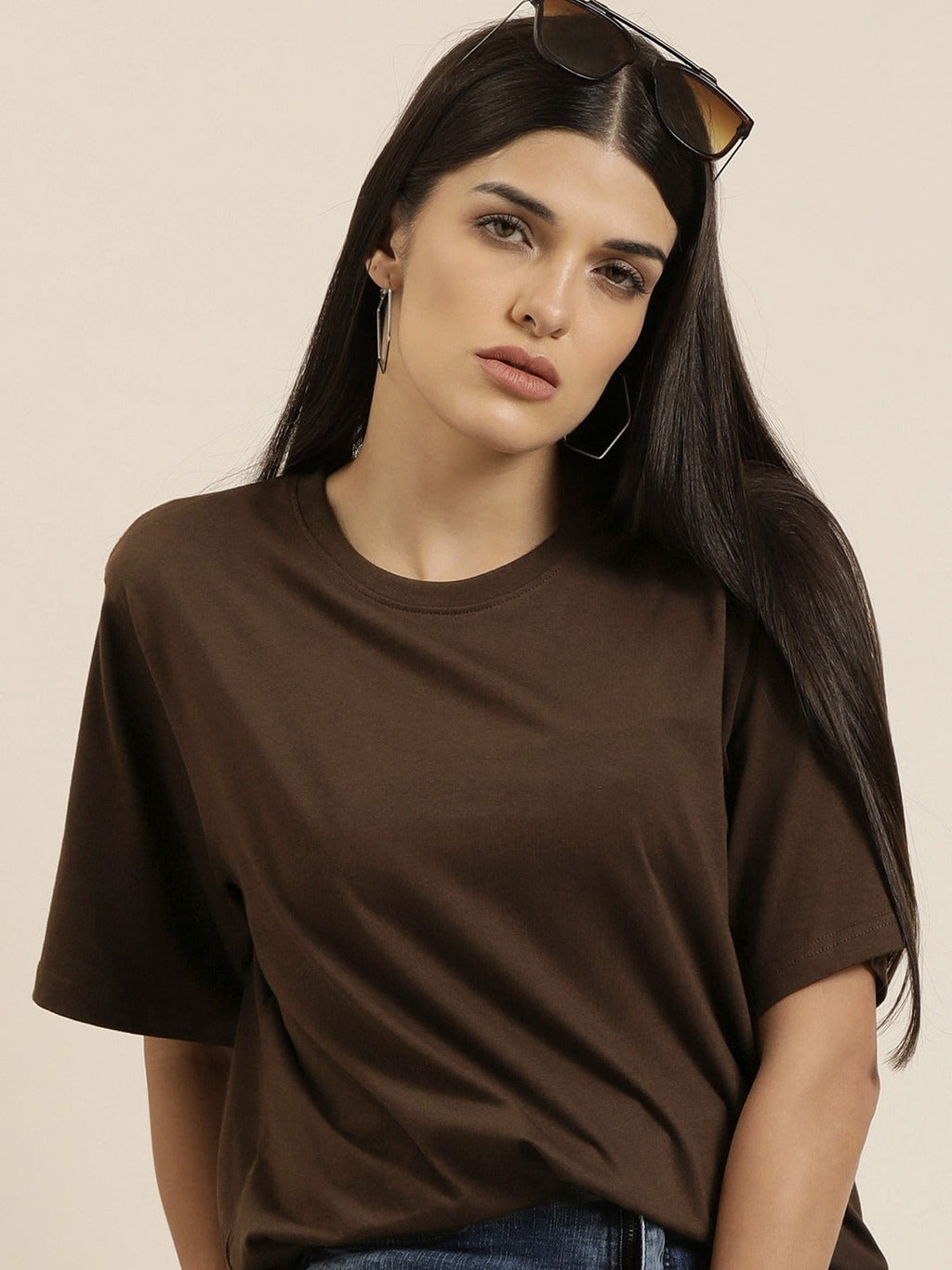 Women Brown Oversized Cotton T-Shirt