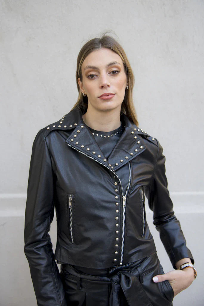 Crop Studded Women Biker Leather Jacket