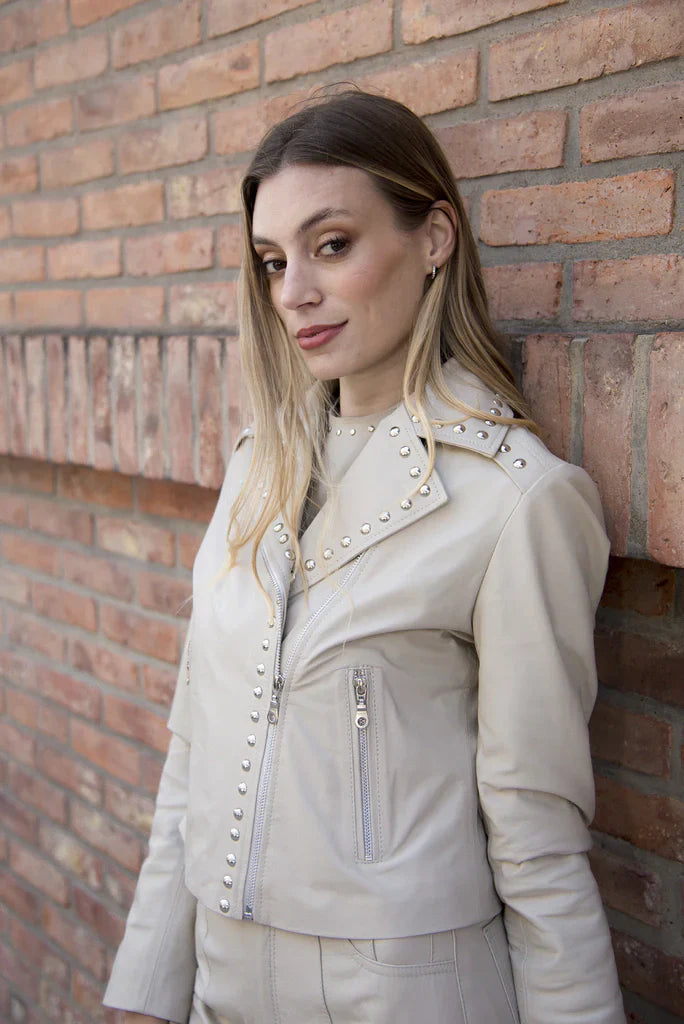 Beige Crop Studded Women Biker Leather Jacket