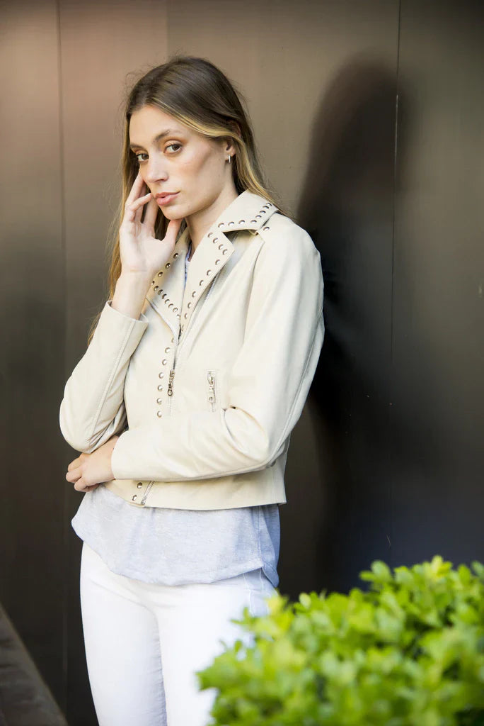 Beige Crop Studded Women Biker Leather Jacket