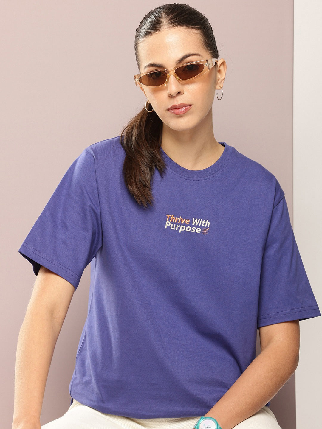 Women Typography Embroidered Pure Cotton T-Shirt