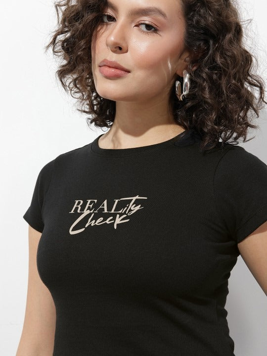 Women Typography Printed Slim Fit Crop T-Shirt