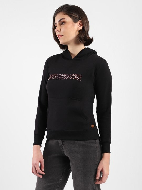 Women Black Printed Hooded Cotton Pullover — Graphic Black Hoodie Pakistan