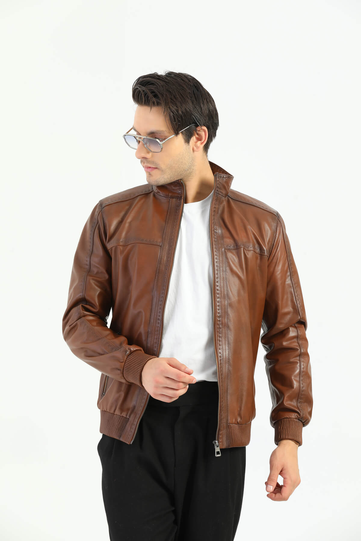 HB INDUSTRIES Ruslin Brown Leather Jacket For Men's