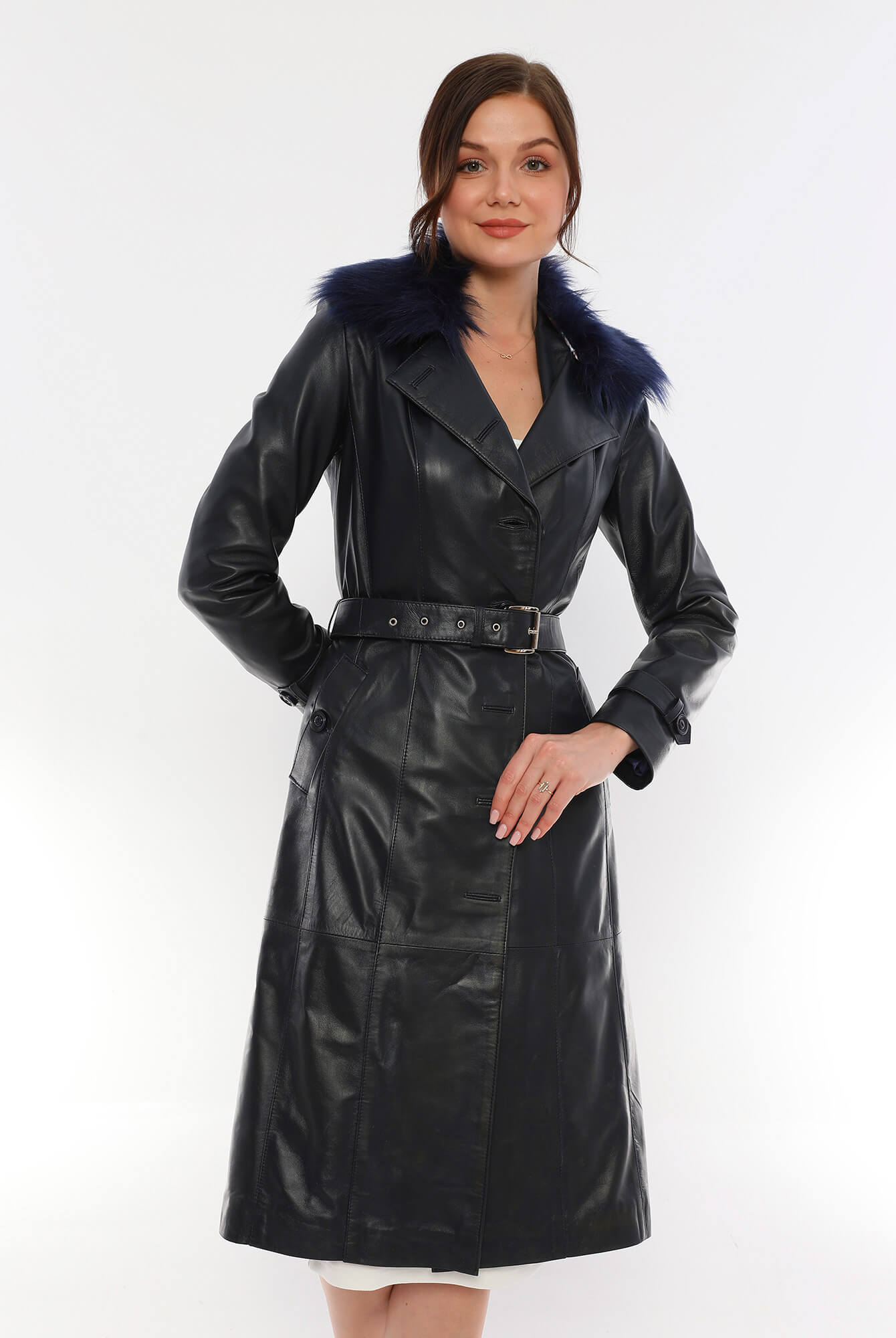 Brenda Leather Trench Coat Navy Fur Collar