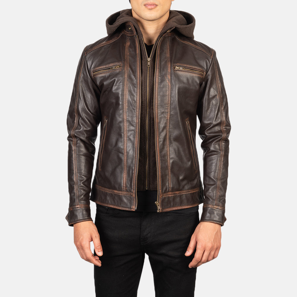 Vintage Brown Hooded Leather Biker Jacket