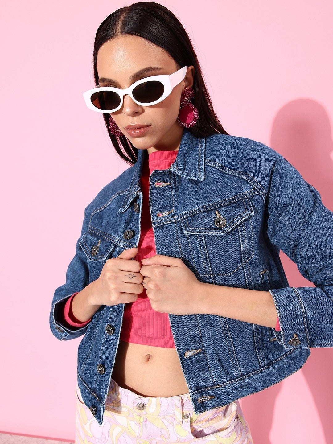 Women Stunning Blue Solid Denim Trucker Jacket – Classic Structured Trucker for Pakistan | DOCACCA