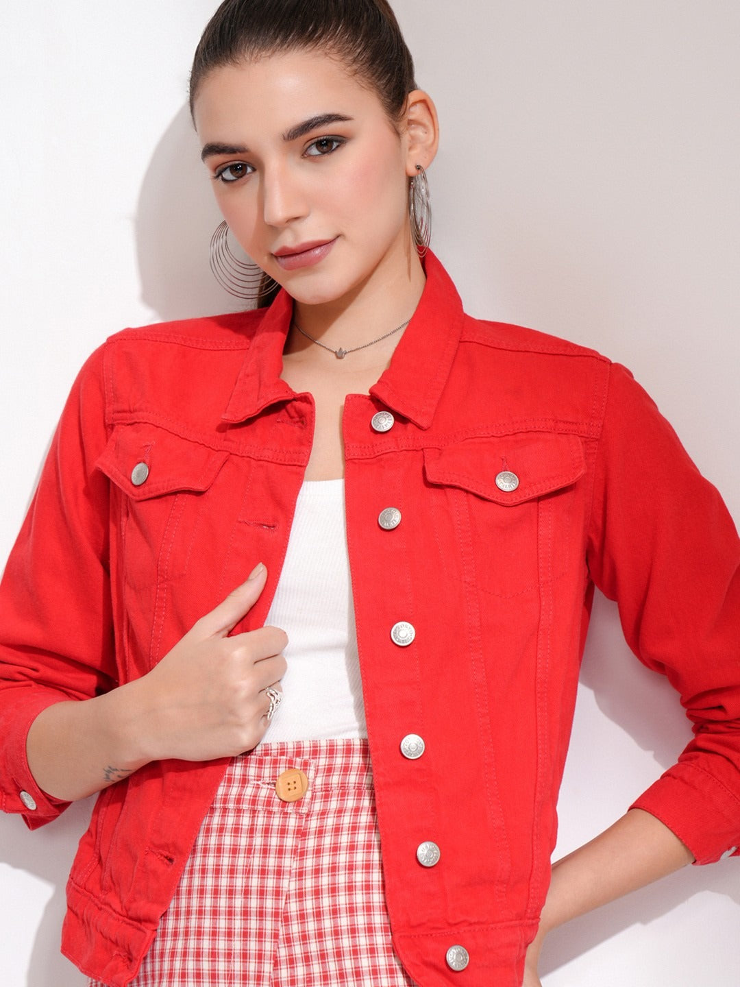 Women Red Denim Jacket by HB INDUSTRIES – Bold Streetwear Style in Pakistan