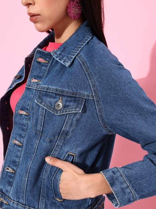 Women Stunning Blue Solid Denim Trucker Jacket – Classic Structured Trucker for Pakistan | DOCACCA