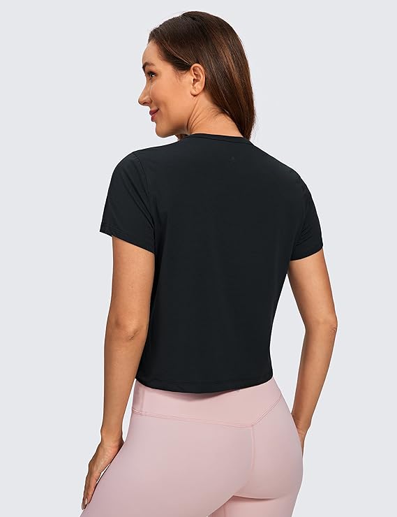 Women's Workout Crop Top T-Shirt Yoga Running Basic Tee Black