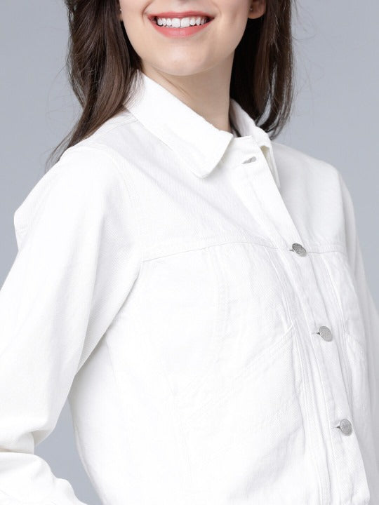 Women White Solid Crop Denim Jacket – Trendy Stylish Short Denim Layer for Everyday Wear in Pakistan | HB INDUSTRIES