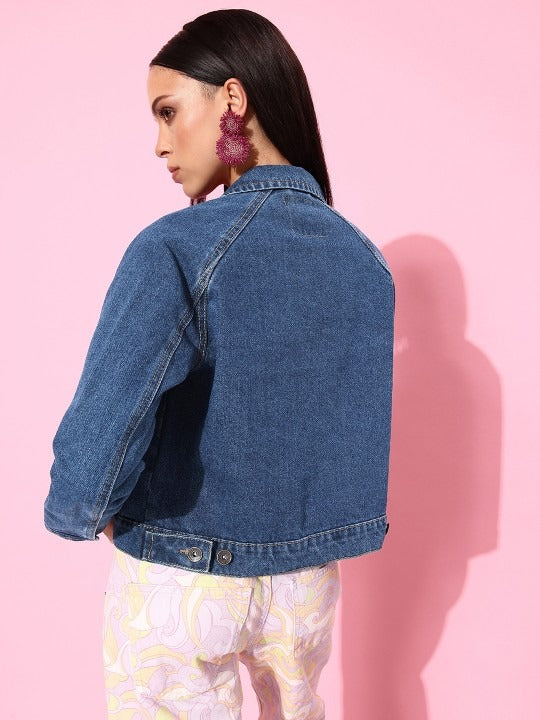 Women Stunning Blue Solid Denim Trucker Jacket – Classic Structured Trucker for Pakistan | DOCACCA