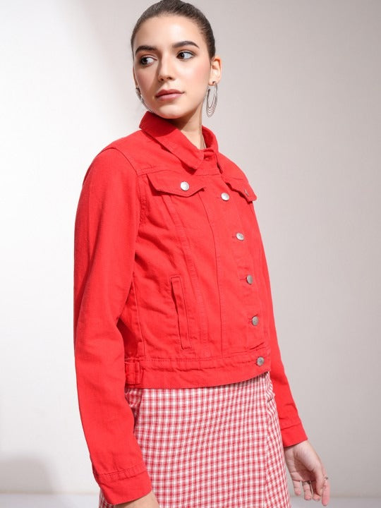 Women Red Denim Jacket by HB INDUSTRIES – Bold Streetwear Style in Pakistan