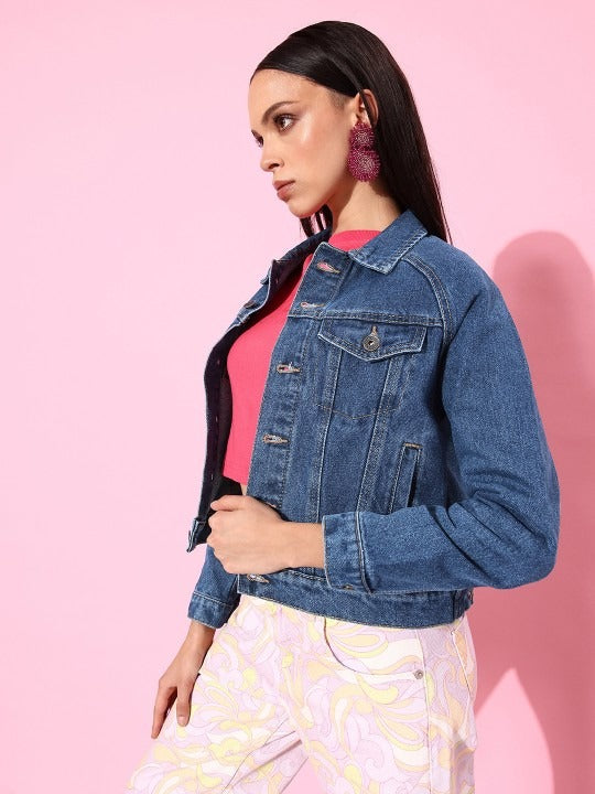 Women Stunning Blue Solid Denim Trucker Jacket – Classic Structured Trucker for Pakistan | DOCACCA