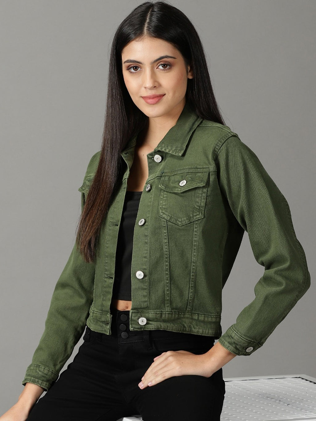 Women Washed Crop Olive Green Denim Jacket Stylish, Trendy