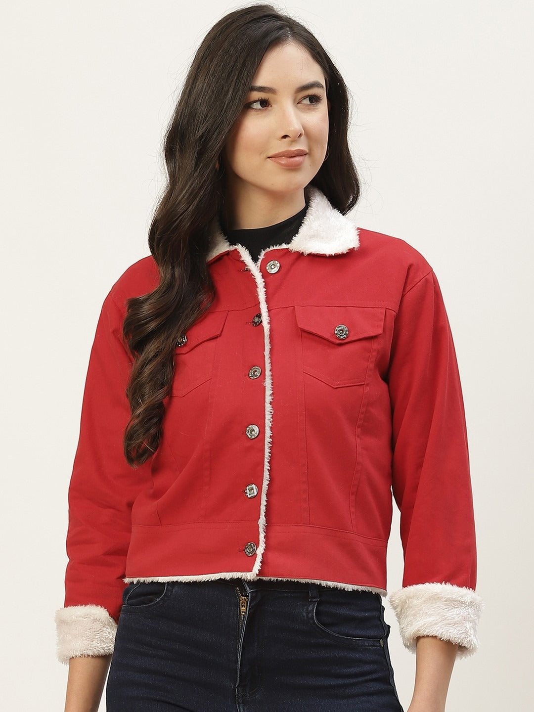 Women Red Solid Pure Cotton Denim Jacket – Stylish, Breathable Outerwear for Pakistan | HB INDUSTRIES