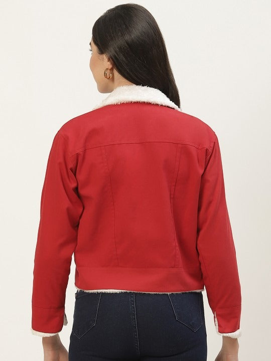 Women Red Solid Pure Cotton Denim Jacket – Stylish, Breathable Outerwear for Pakistan | HB INDUSTRIES
